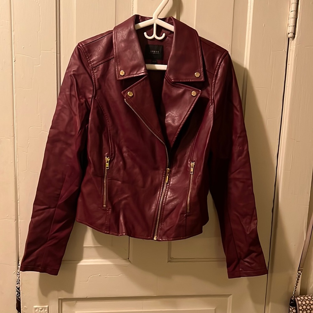 Guess Merlot Burgundy Faux Leather Jacket size large